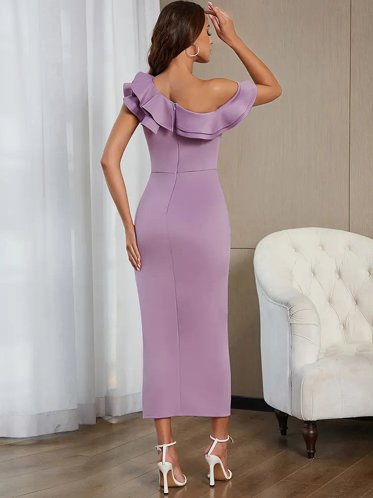 Sexy Shoulder Ruched Slit Dress
