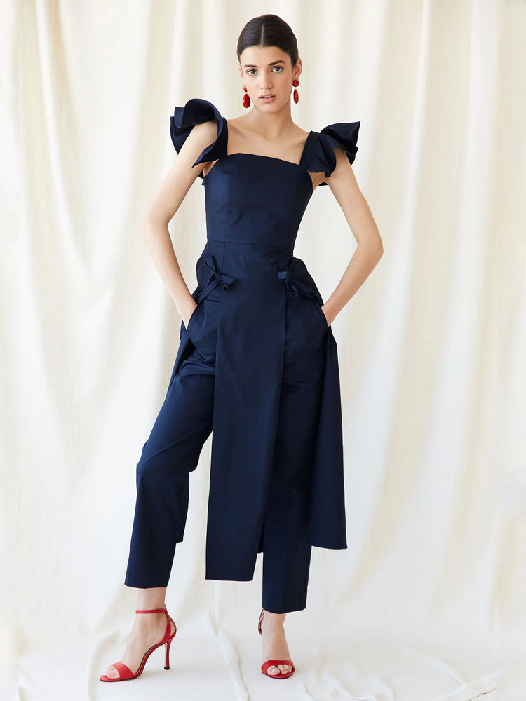 Navy Ruffle Sleeve Top & High-Waisted Pants Set