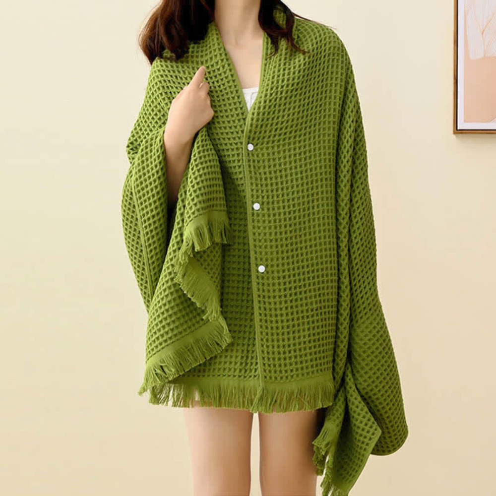 Green waffle cotton bathrobe towel with fringe edges and snap buttons, lightweight absorbent spa and bathroom wrap