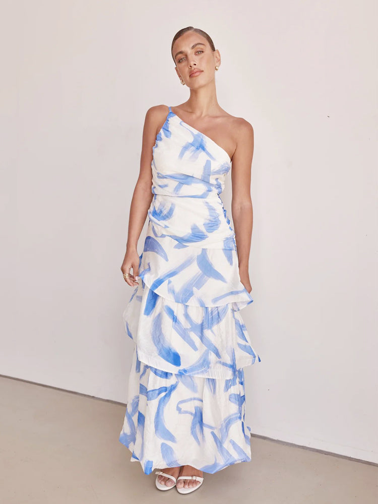 One-Shoulder Strappy Floral Print Dress