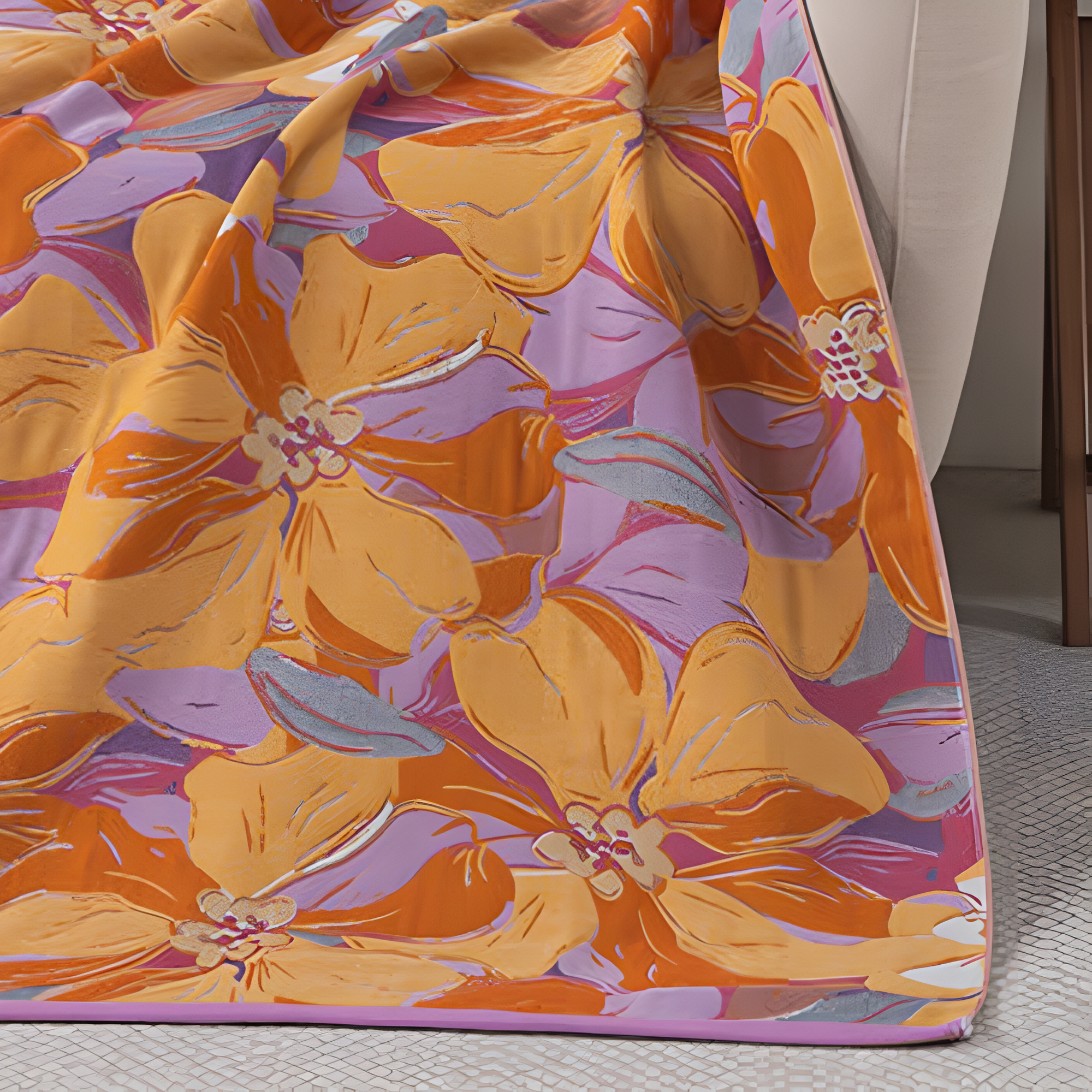 Soft throw blanket with large orange and purple floral print, decorative bed or sofa cover