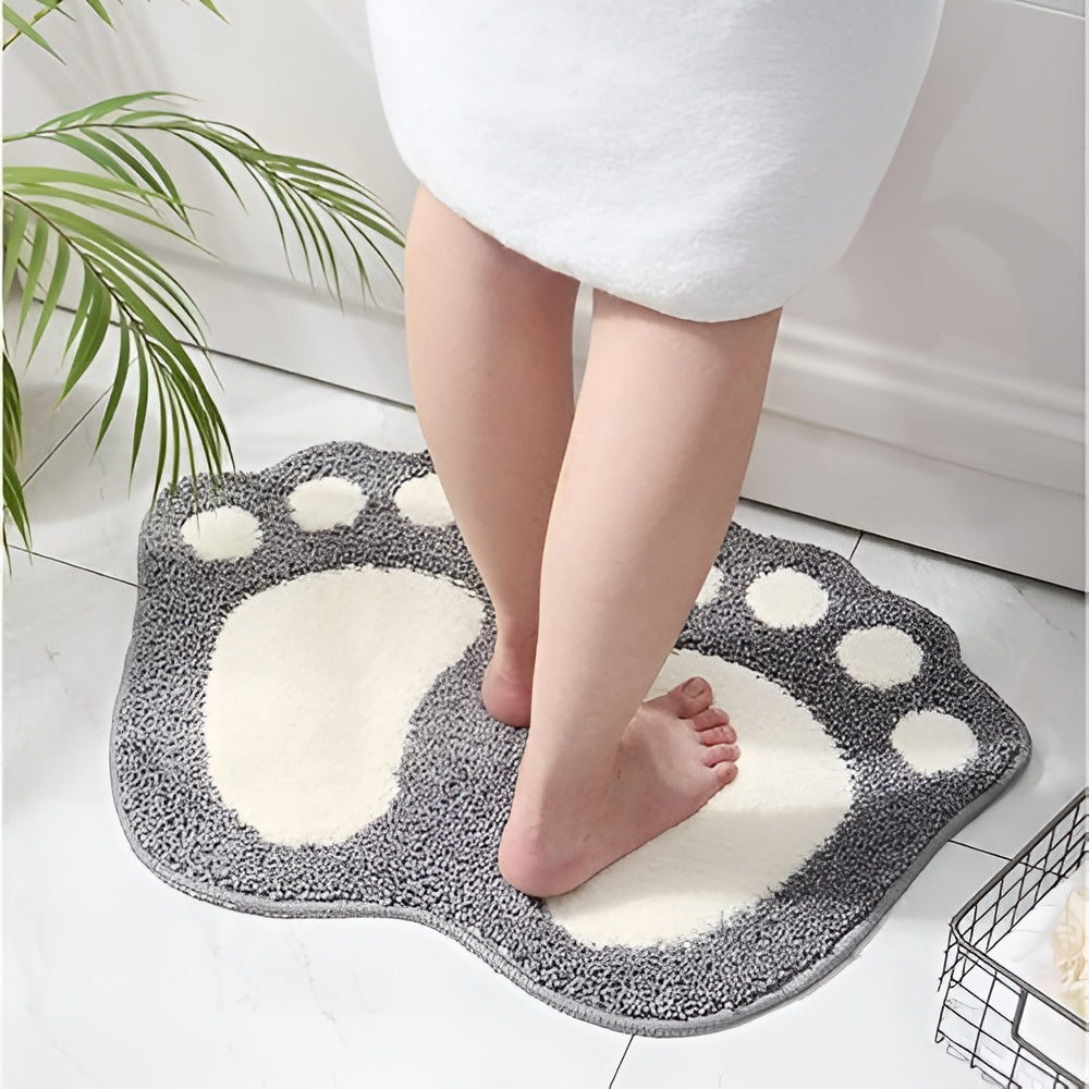 Gray footprint bath mat with soft plush texture, absorbent and non-slip bathroom rug for shower and tub