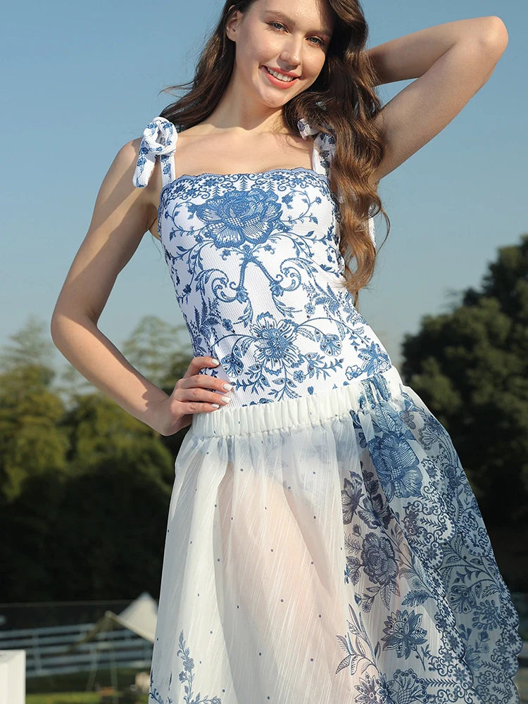 Floral Bow Tie One-Piece Swimsuit Set