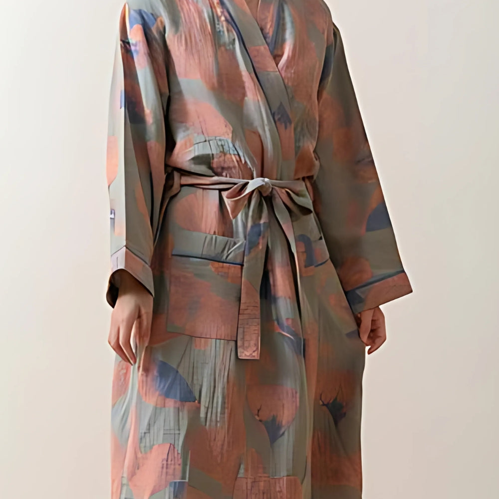 Women’s cotton kimono robe with abstract pastel print, lightweight long bathrobe with belt for loungewear and spa