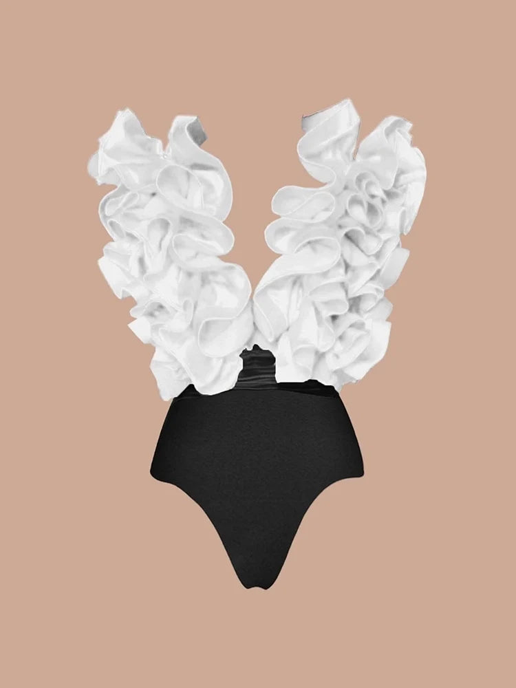 Ruffled V-Neck Mixed Colors Swimsuit Set