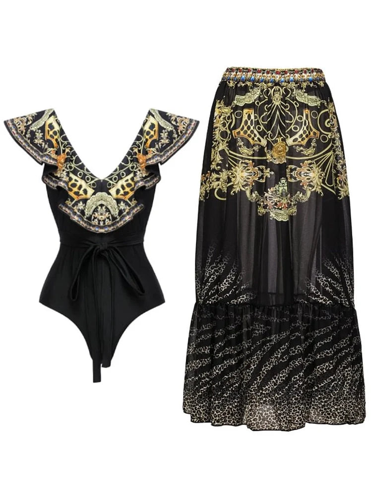 Black Gold Print Ruffle Tie Swimsuit Set