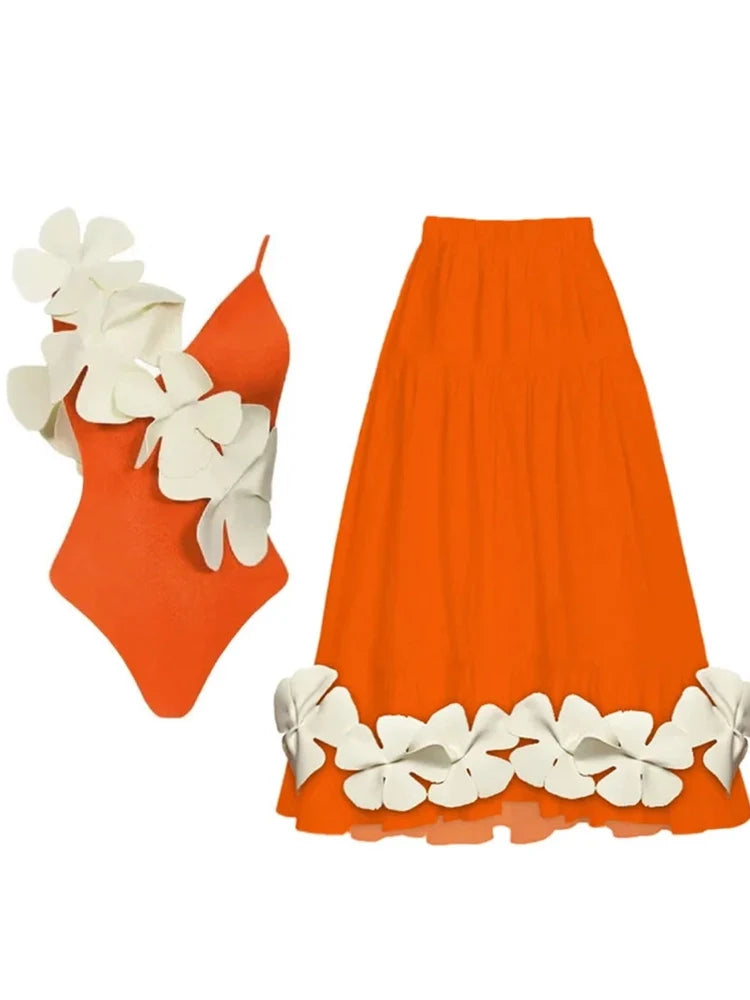 Tie Fresh Floral Swimsuit and Skirt Set