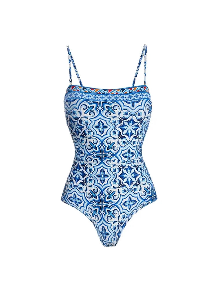 Blue Ethnic Print Swimsuit Set