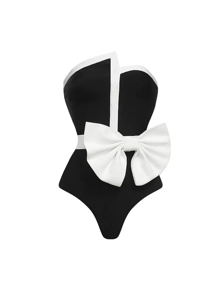 Strapless Colorblock Bow One-Piece Swimsuit