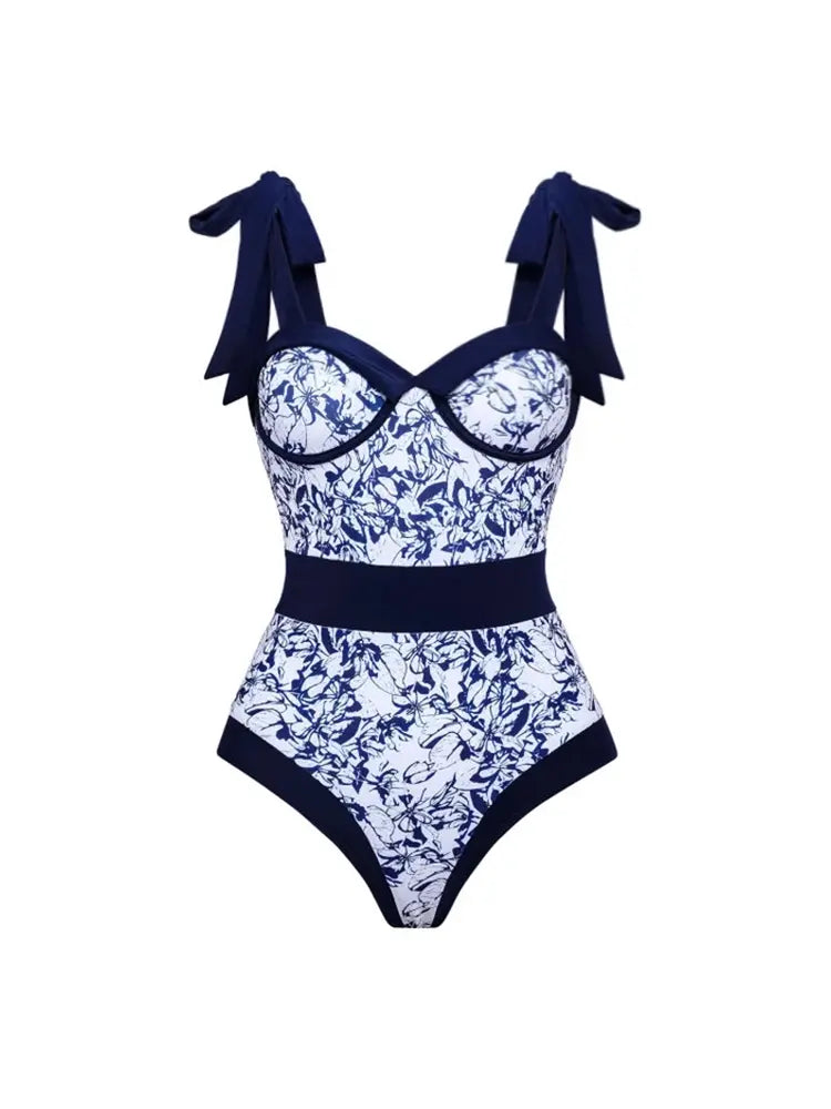 Tie Strap Contrast Print One Piece Swimsuit