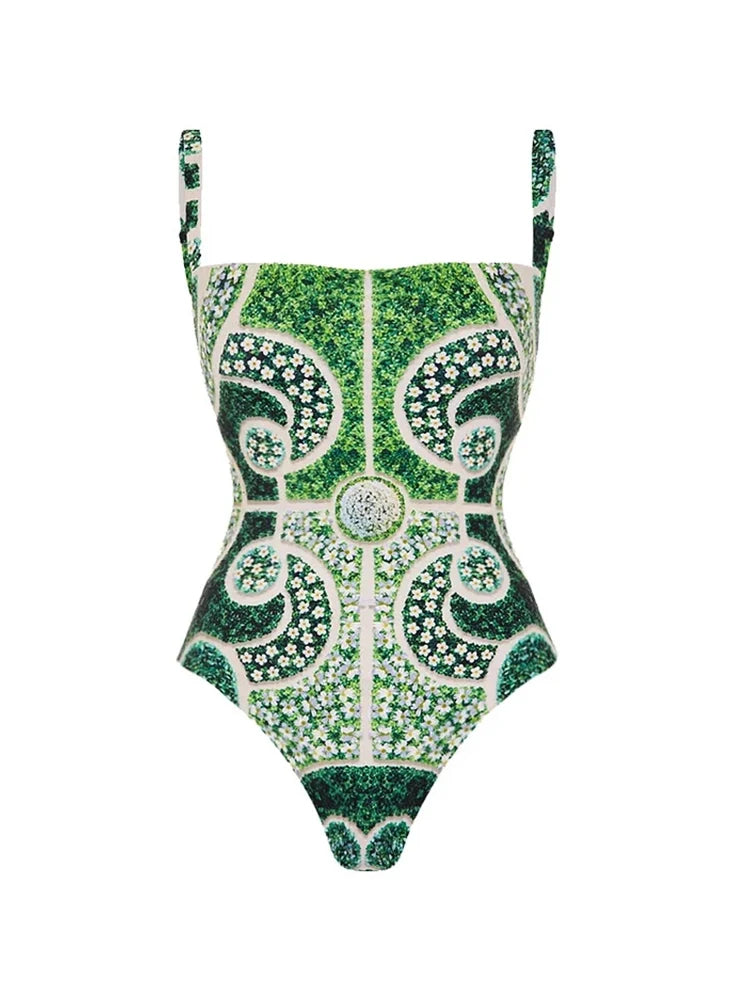 Green Ethnic Print One Piece Swimsuit Set