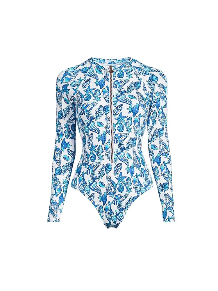 Green Zip-Up Floral Surf Swimsuit Set