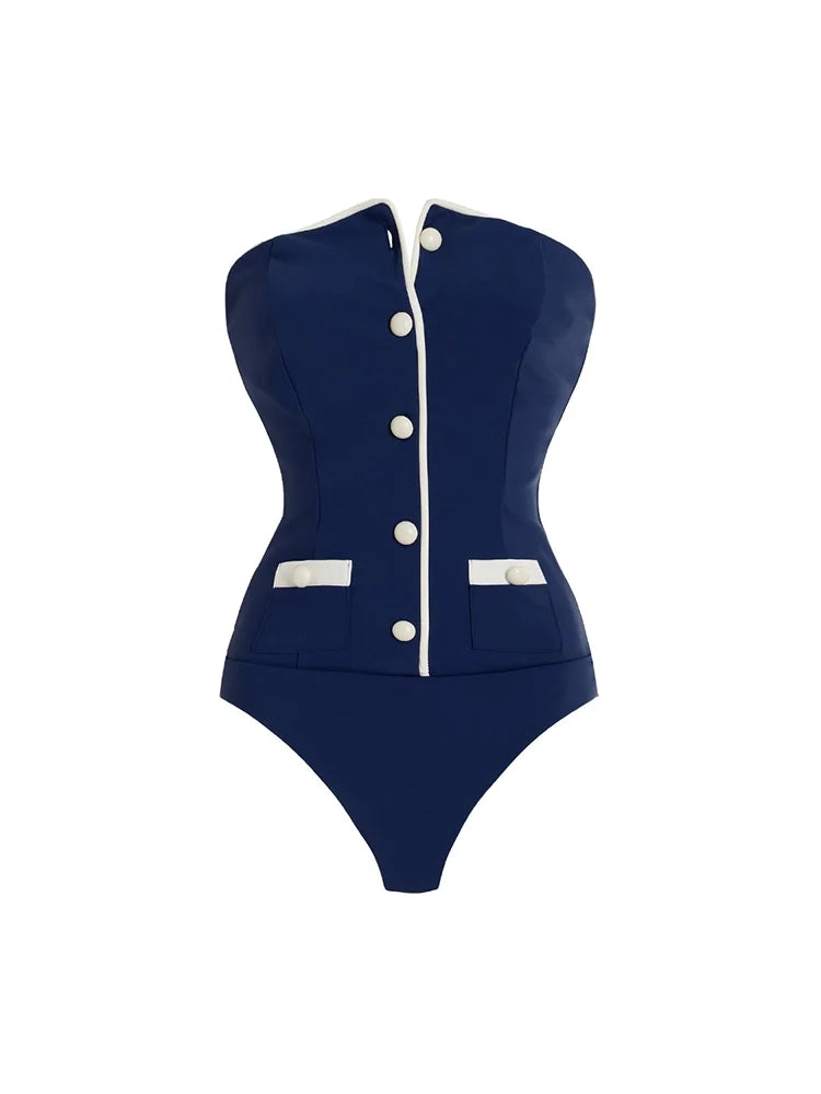 Navy Bandeau One Piece Shorts Set