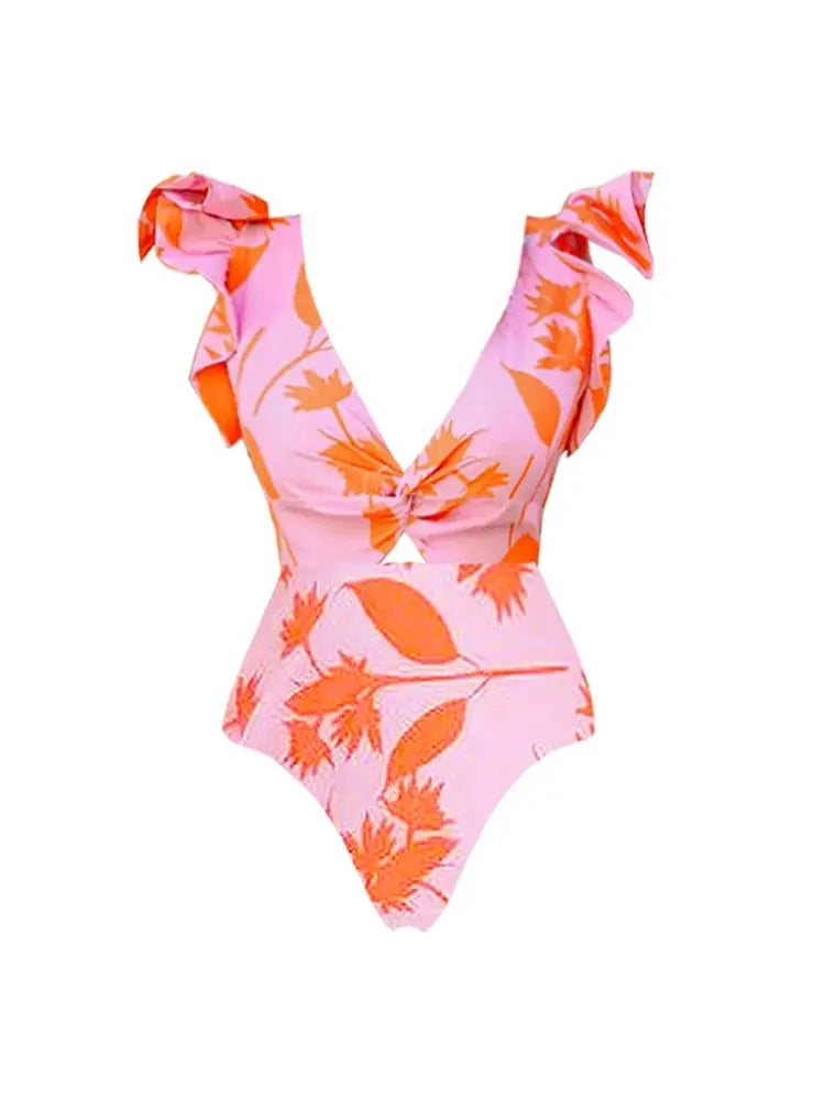 Ruffle Trim Beach Vacation Printed Swimsuit Set