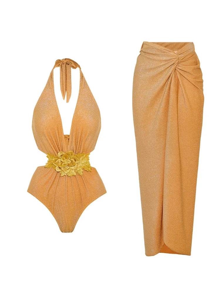 Golden Halter Deep V One-Piece Swimsuit