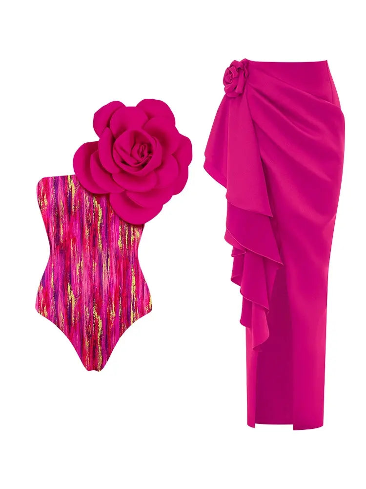 Floral Front Decor Printed One Piece Swimsuit Set