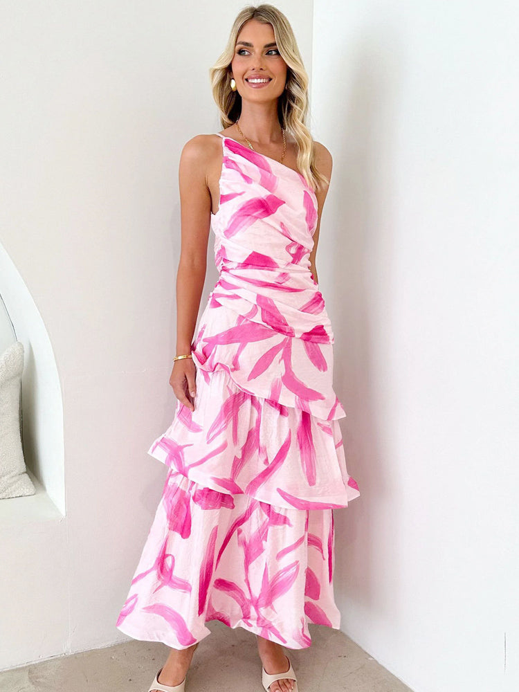 One-Shoulder Strappy Floral Print Dress