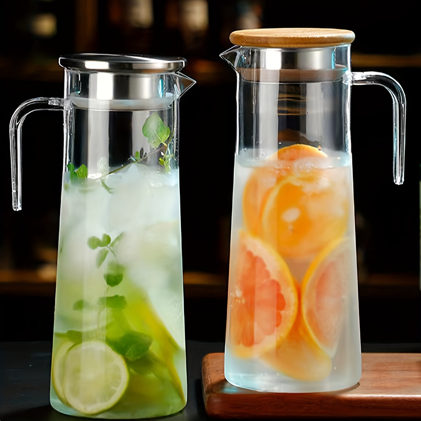 Glass water pitcher with handle and lid, heat-resistant juice carafe for iced tea, lemonade, and fruit infusions