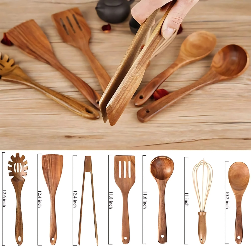 Set of wooden cooking utensils with whisk – eco-friendly kitchen spoons, spatulas, and pasta server for non-stick cookware