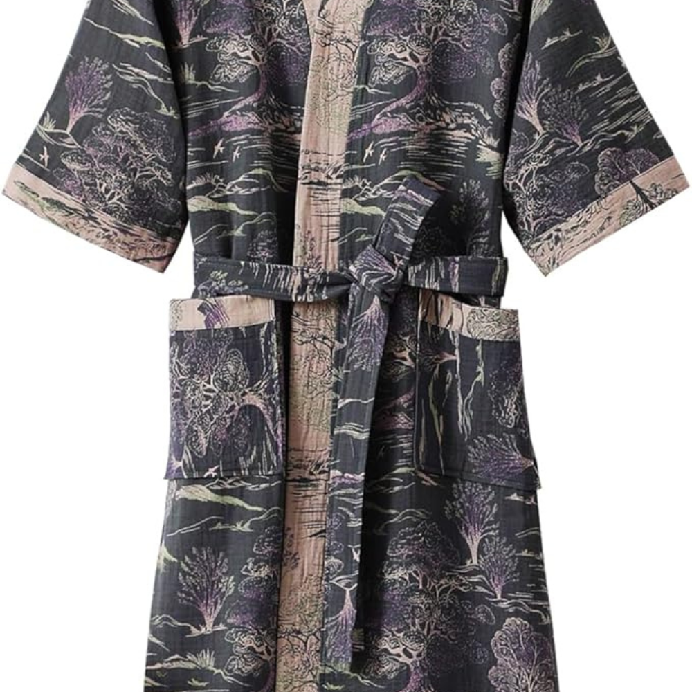 Japanese-style cotton kimono robe with nature print, short sleeves, front pockets, and waist belt for loungewear or sleepwear