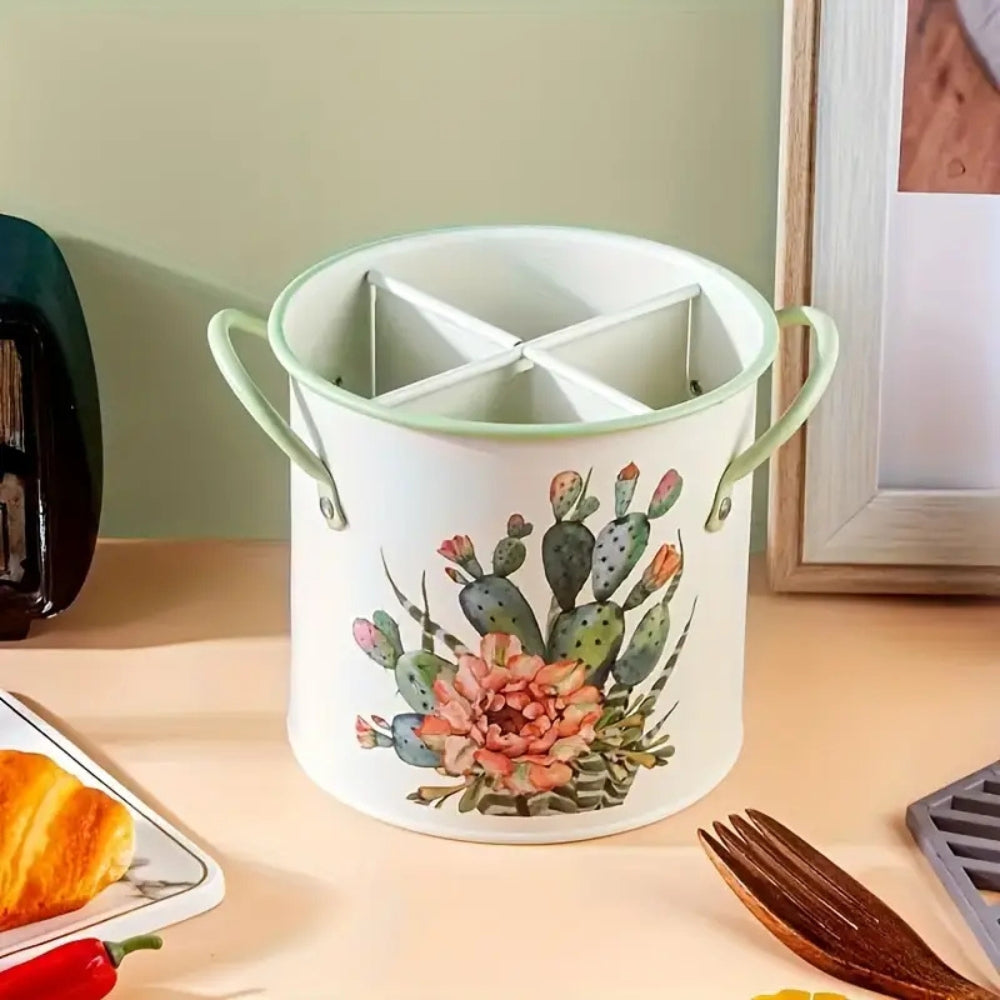 Floral Utensil Storage Basket with Divider Lid