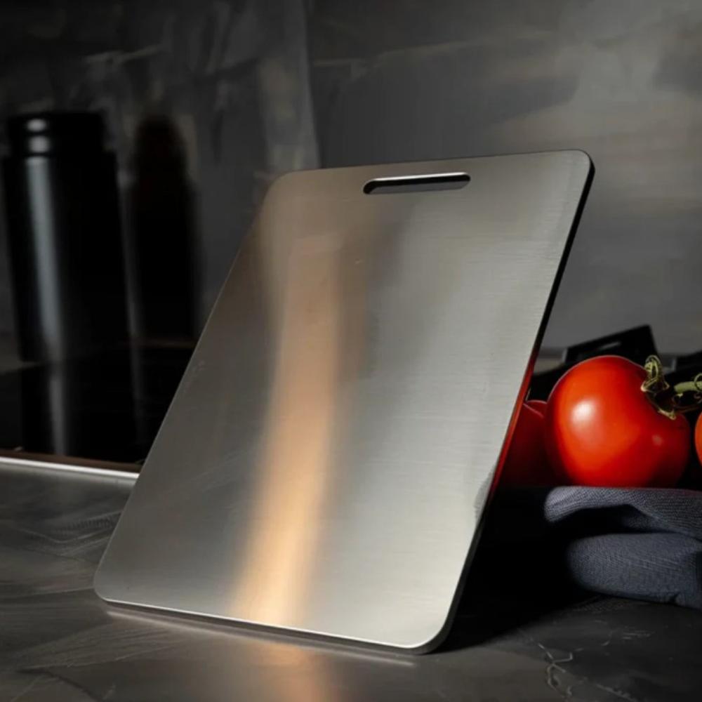Stainless steel cutting board with handle, durable kitchen chopping board for meat, vegetables, and food prep