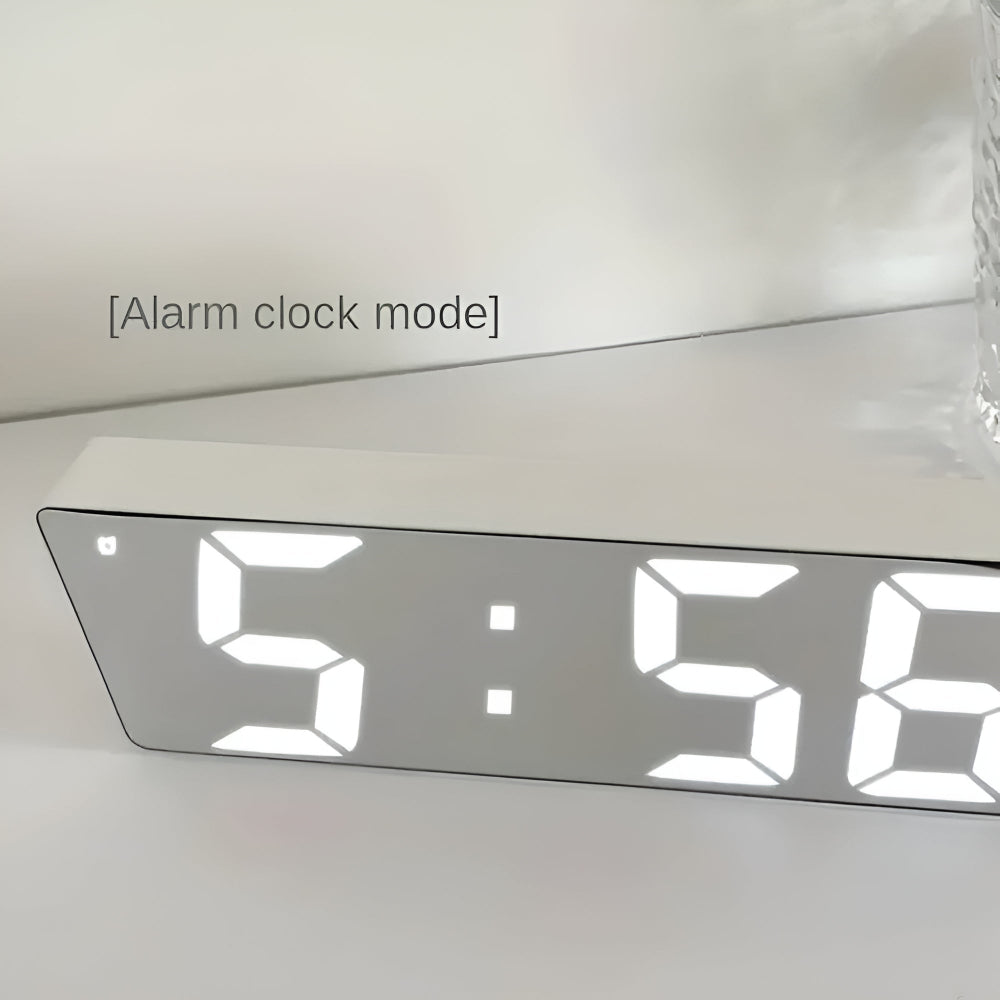 Modern LED digital alarm clock in black and white with large display, 12/24 hour format and night light feature