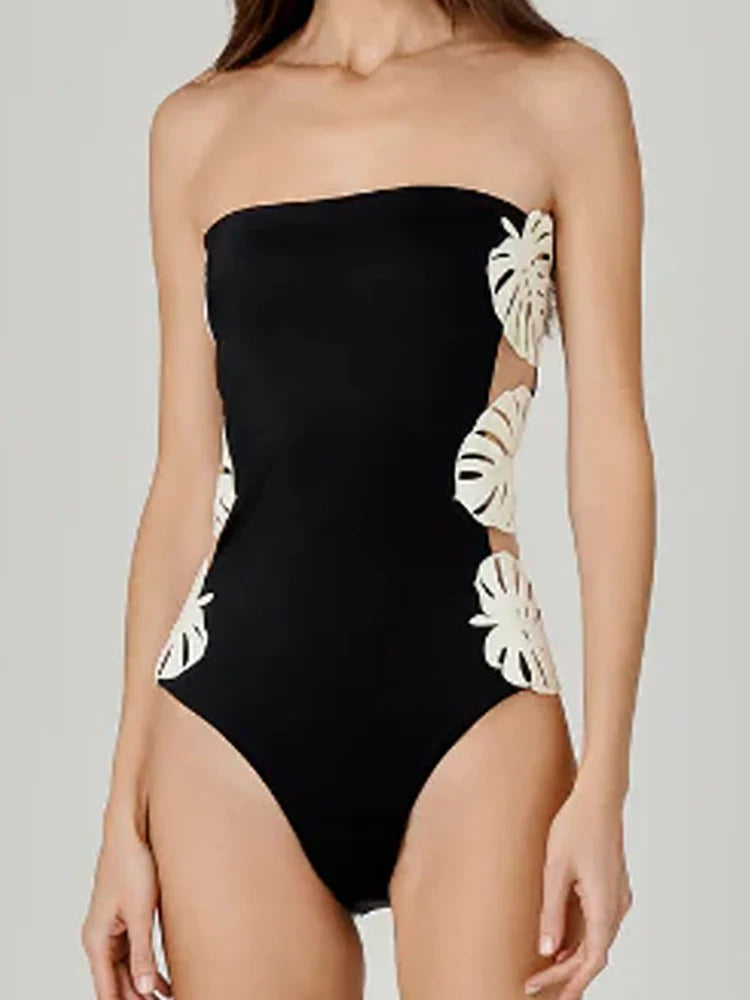 Leaf Patchwork Cutout Strapless Swimsuit