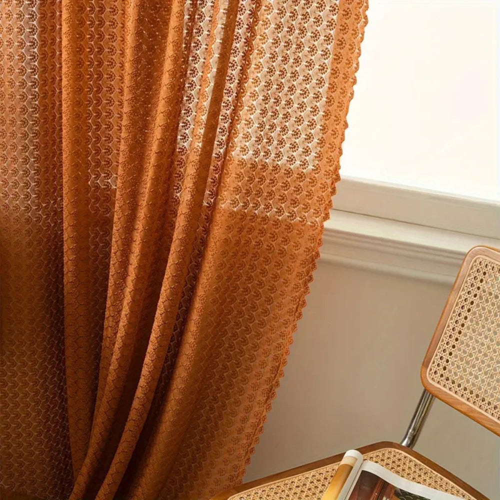 Rust orange sheer curtain with geometric pattern, lightweight decorative window drape for living room or bedroom