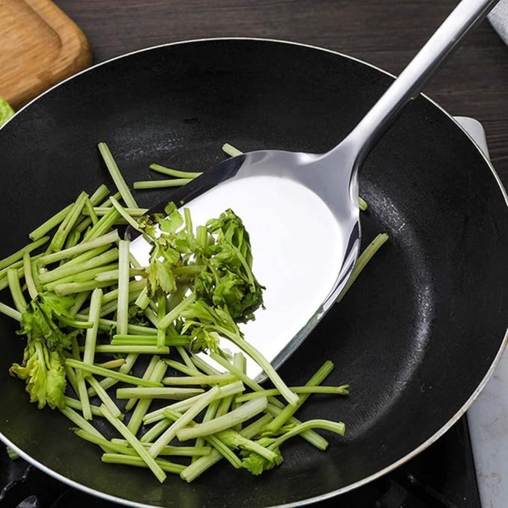 5-piece stainless steel kitchen utensil set with wok spatula, slotted spatula, ladle, skimmer, and serving spoon for cooking