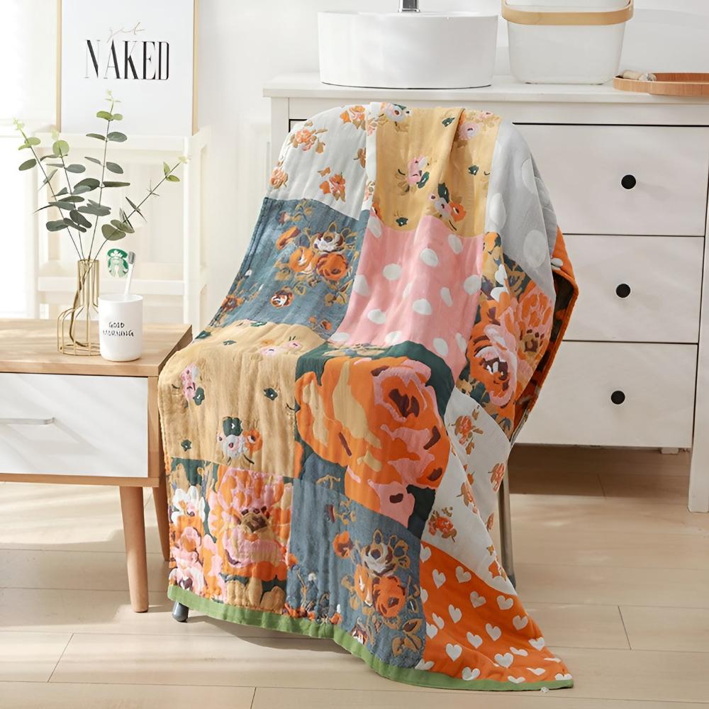 Colorful patchwork throw blanket with floral, polka dot, and heart patterns, soft decorative sofa and bed cover