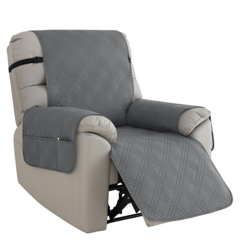 Grey quilted recliner chair cover – waterproof furniture protector with side pockets for living room seating