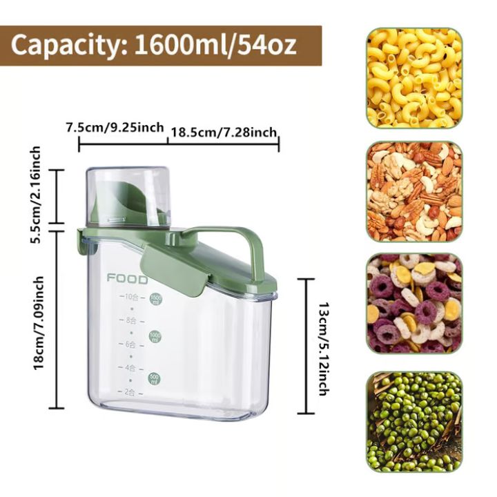 Airtight plastic food storage containers with measuring cup lid, kitchen canisters for rice, grains, beans, and cereals