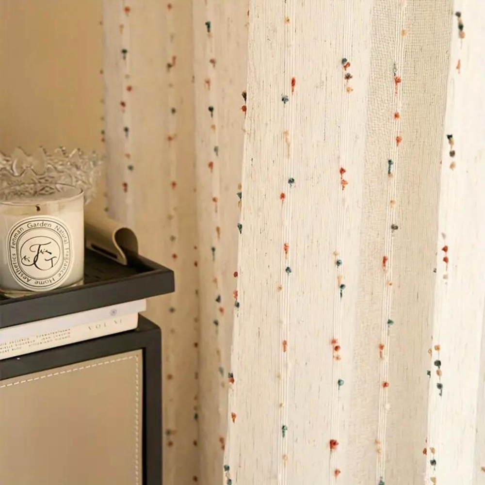Sheer white curtain with small floral print, lightweight decorative window drape for living room or bedroom"