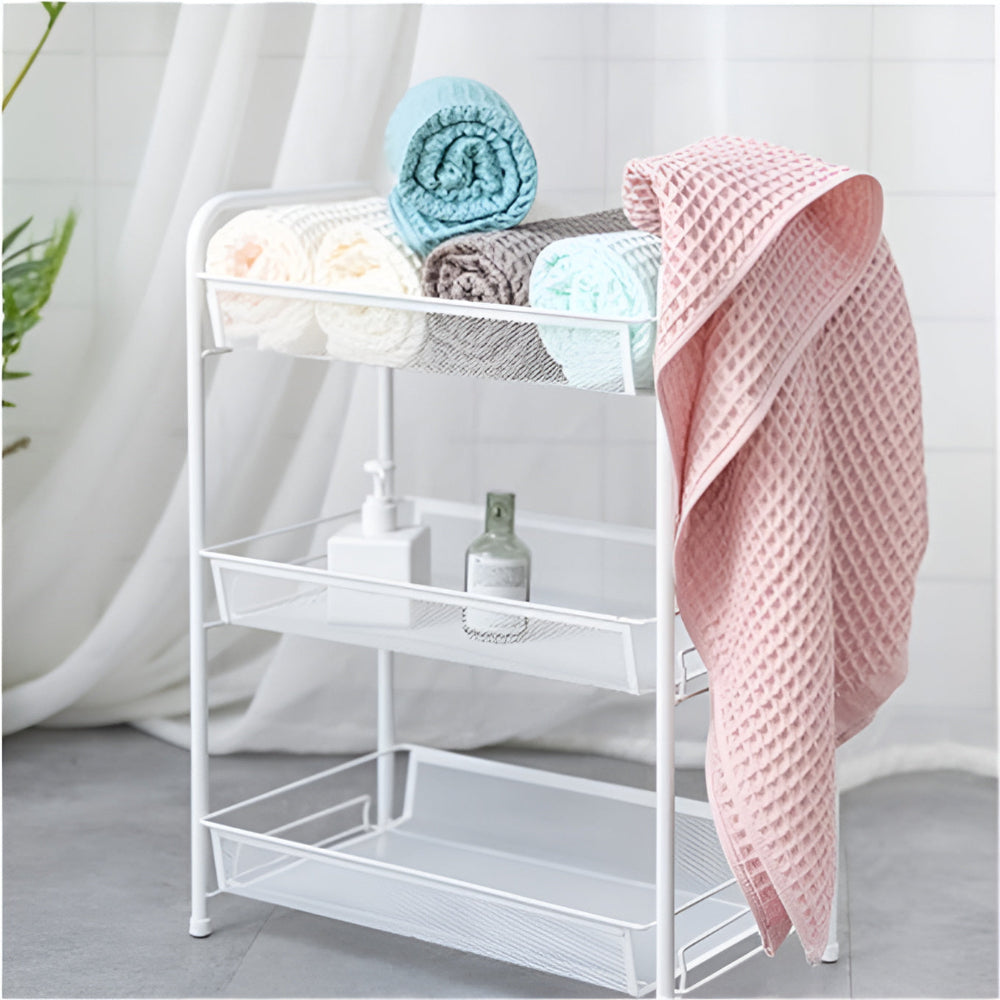 Waffle weave bath towel in pastel colors including pink, blue, white, and gray, ultra-absorbent and quick-drying