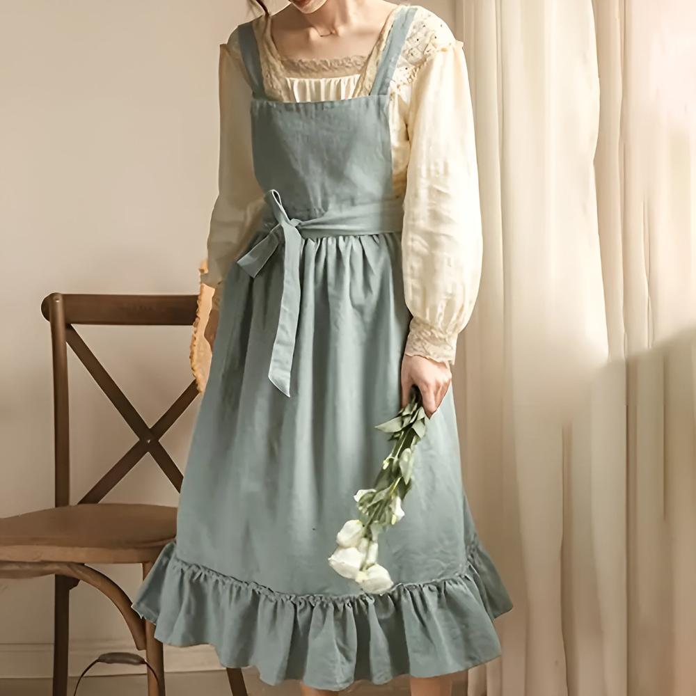 Vintage linen apron in dusty blue with ruffle hem and waist tie, cottagecore cooking and gardening apron for women