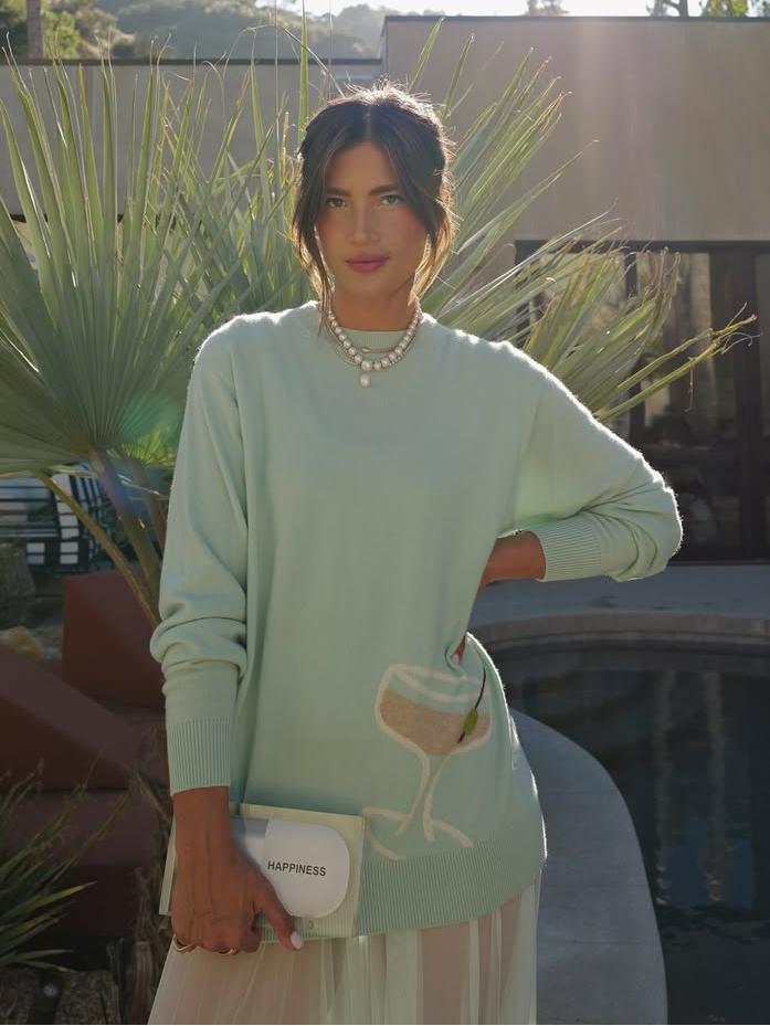 Mint Green Sweater with Cocktail Pattern & Sheer Tulle Maxi Skirt Outfit