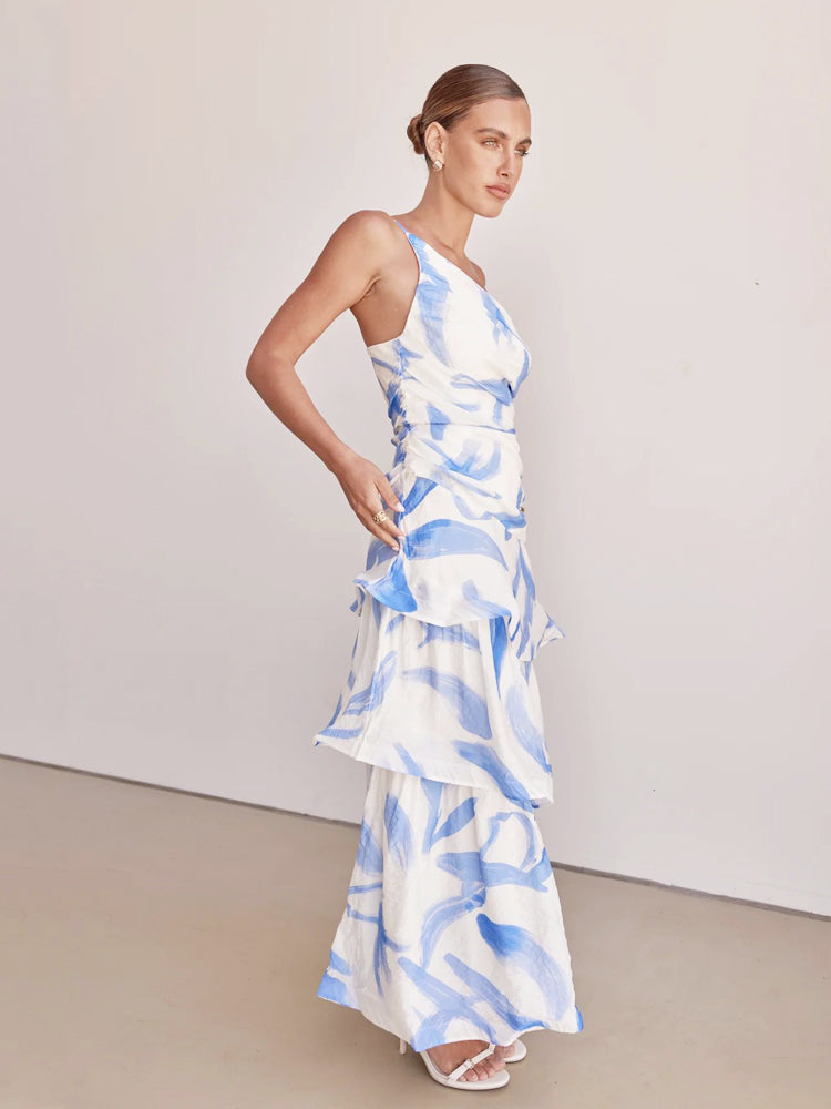 One-Shoulder Strappy Floral Print Dress