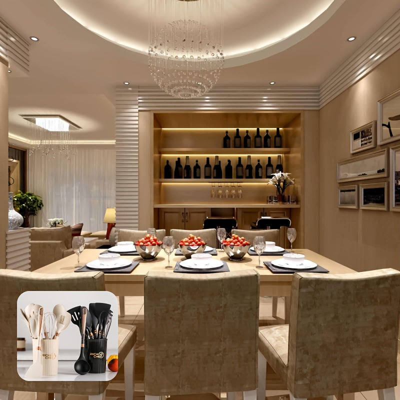 12-piece Nordic kitchen utensil set with non-stick silicone tools and wooden handles, heat-resistant cooking spoons, spatulas, and whisk