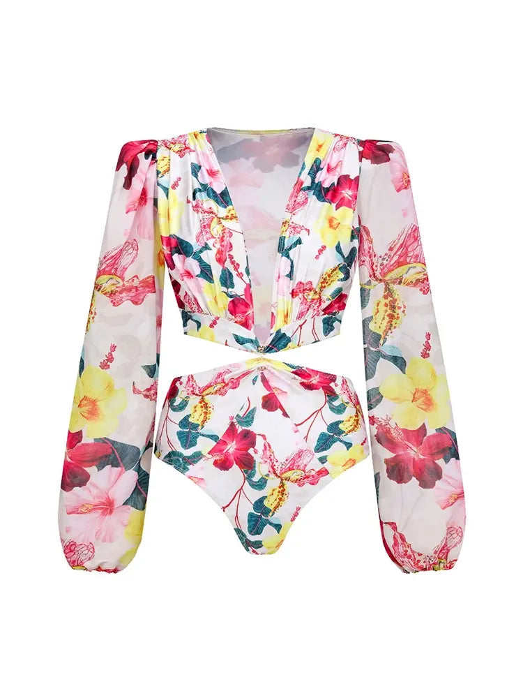 3D Floral Cutout Swimsuit One Piece Set