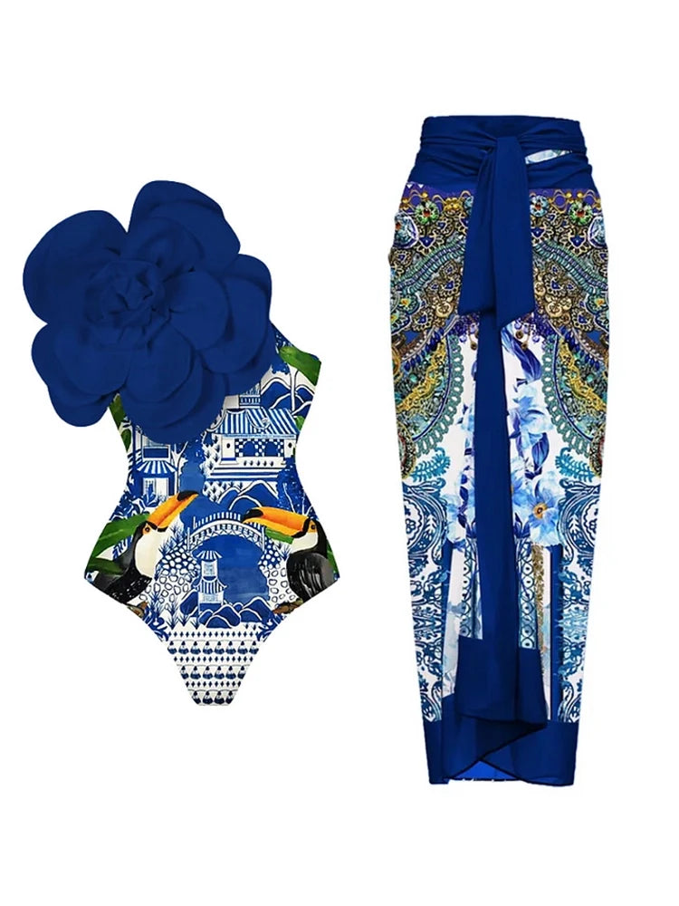 Blue 3D Floral Embellished Swimsuit