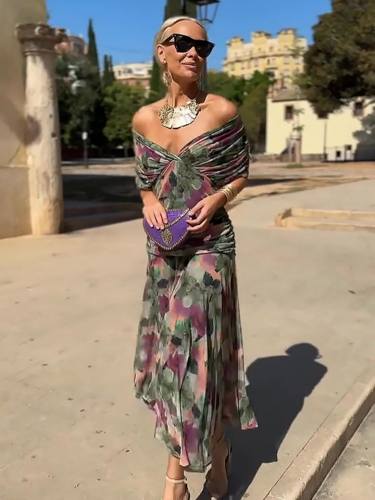 Elegant V-neck Fantasy Painted Floral Print Party Maxi Dress