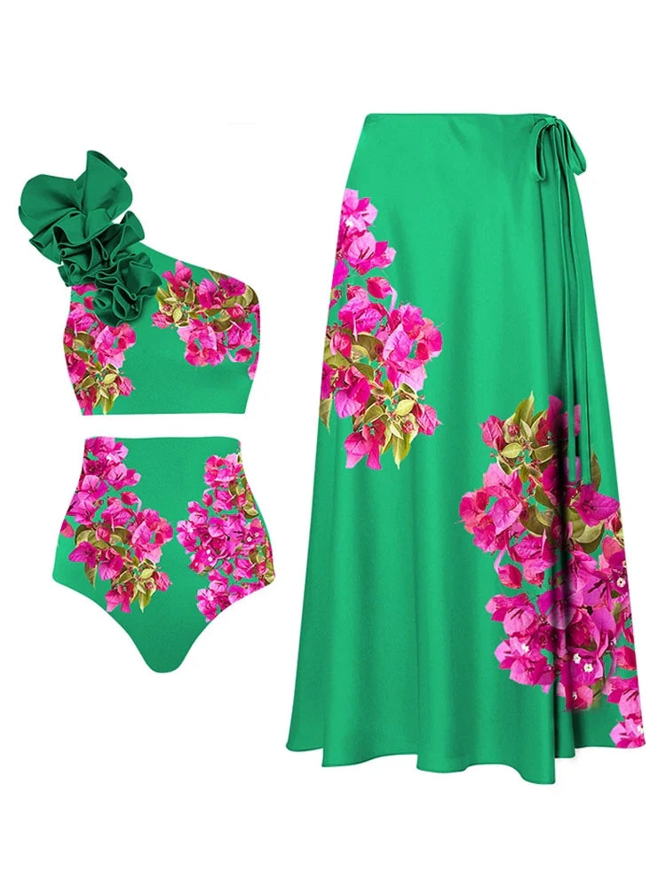 One-Shoulder Printed High-Waist Bikini Set