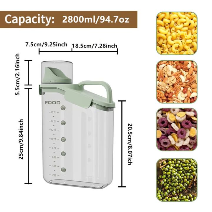 Airtight plastic food storage containers with measuring cup lid, kitchen canisters for rice, grains, beans, and cereals