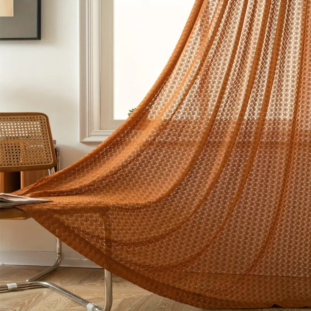 Rust orange sheer curtain with geometric pattern, lightweight decorative window drape for living room or bedroom