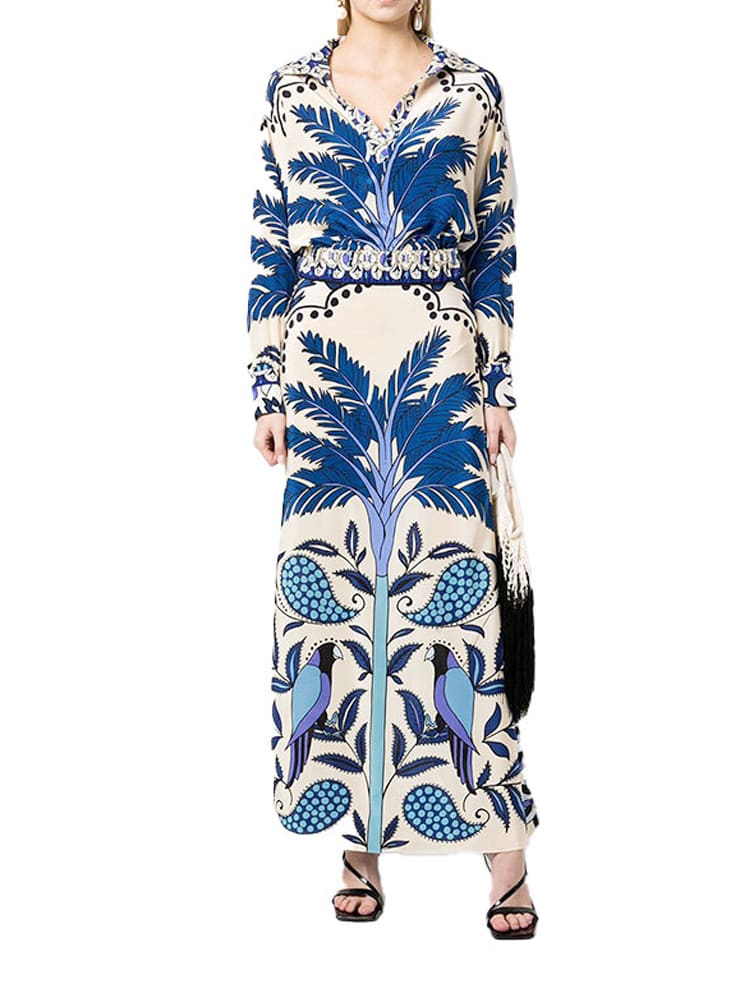 Fashion Printed V-Neck Long Sleeve Cropped Top and Skirt Set