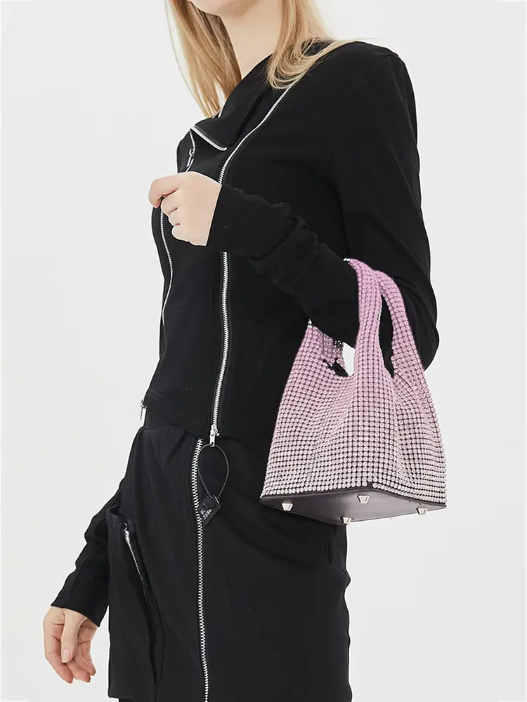 Full Rhinestone Mesh Evening Bucket Bag
