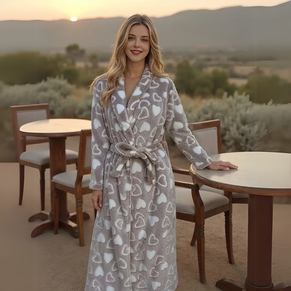 Soft fleece bathrobe with white heart print in gray, plush and cozy loungewear for women