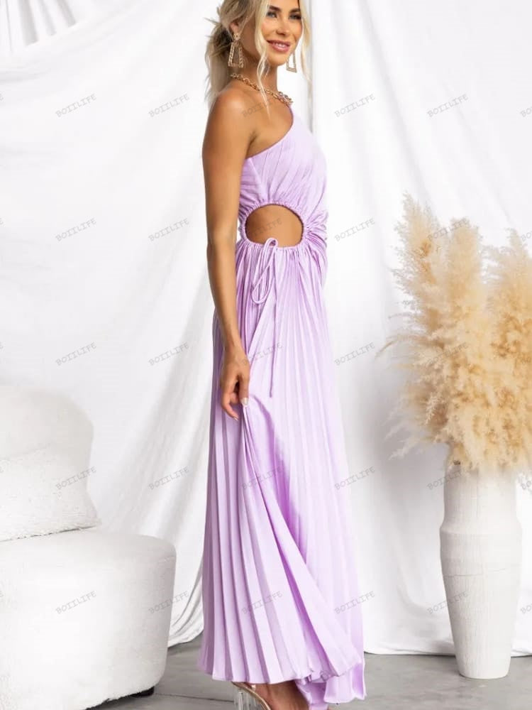 Pleated One-Shoulder Cut-Out Waist Gown