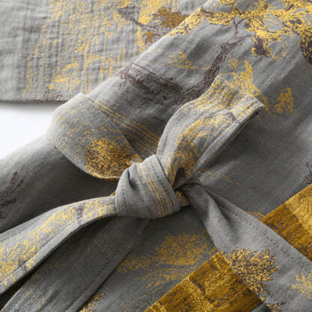 Long grey kimono robe with gold floral pattern – lightweight loungewear with belt for men and women